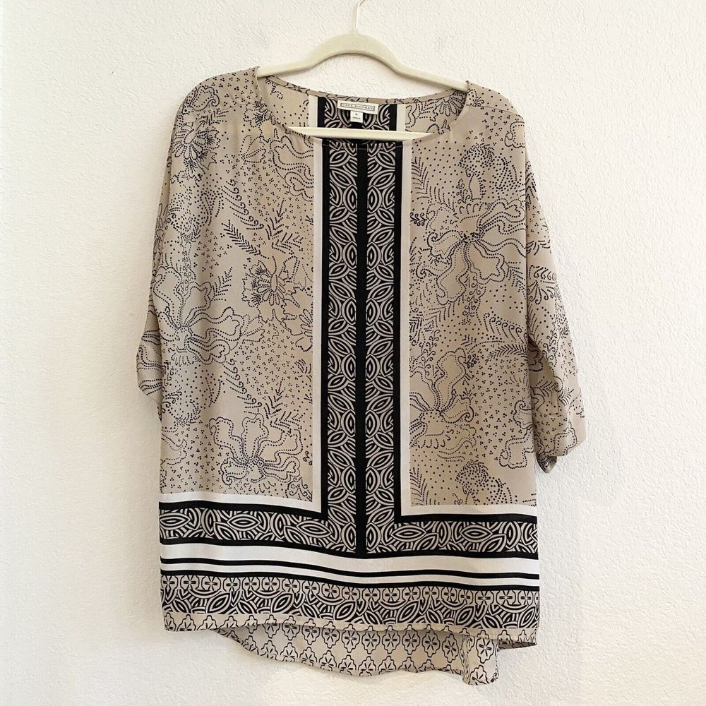 Dana Buchman Women's L Black Beige Leaves Print Tunic Top Lightweight Blouse